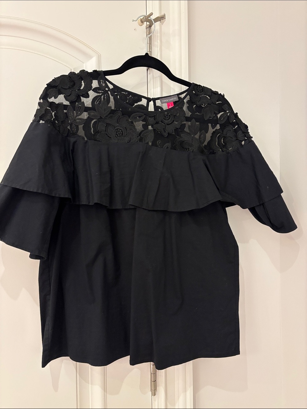 Vince Camuto Black Lace Yoke Ruffle Top